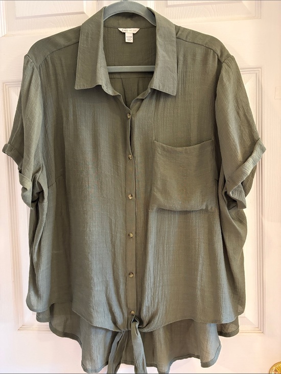 Cato Tops - Cato Olive Green Button-Front Tie Hem Casual Shirt